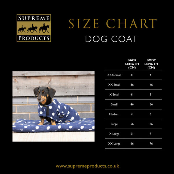 Supreme Products Dotty Fleece Dog Coat Size Guide