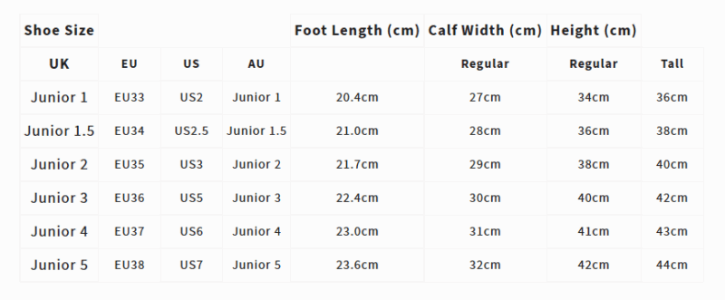 LeMieux Junior Field Riding Boot Size Guide